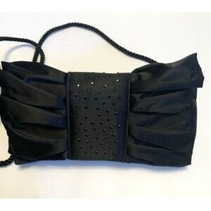 Black Satin Evening Clutch Bag Purse Shoulder Strap Pink Interior Lord & Taylor